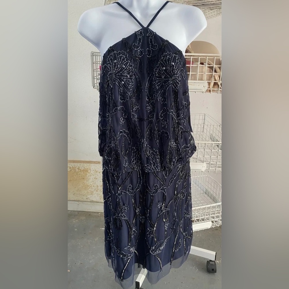 Aidan Mattox Beaded Halter Mini Dress Drop Waist Flapper Gatsby Sequin Cocktail